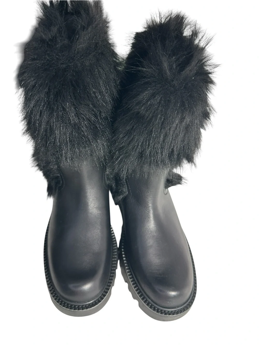 Franco Sarto Brina Black Leather Faux Fur Lug Sole Boots. 6.5M